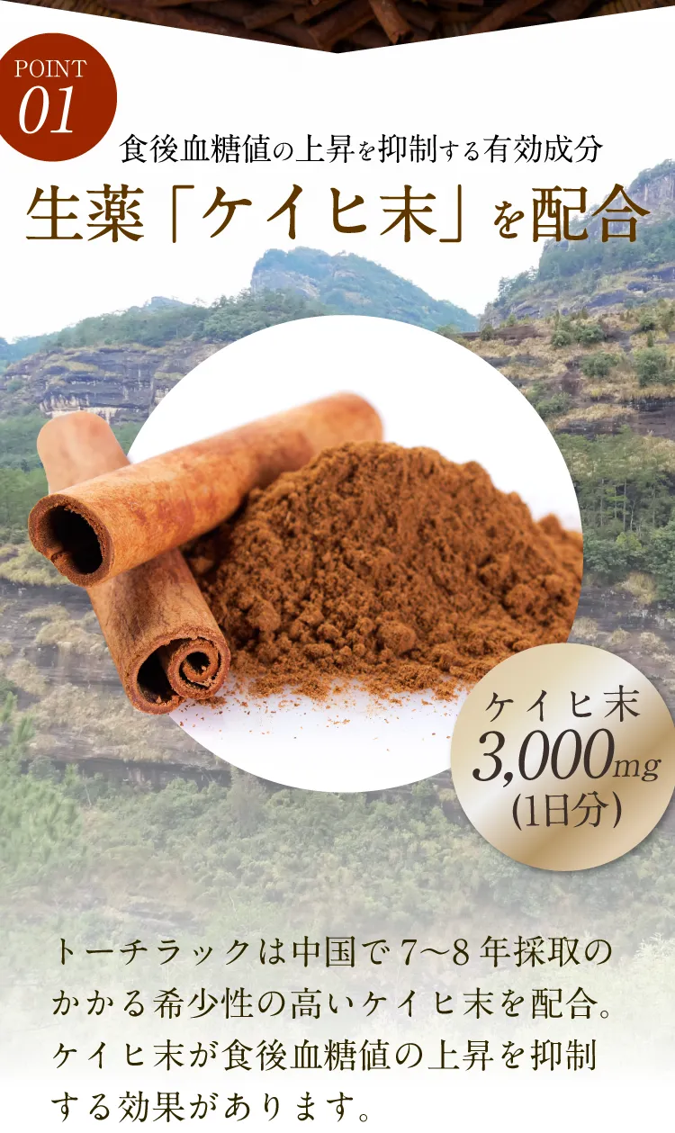 POINT1 食後血糖値の上昇を抑える有効成分 生薬ケイヒ末を1日分3,000mg配合